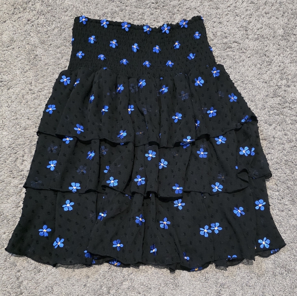 Maje Black Tiered Skirt with Blue Floral Embroidery